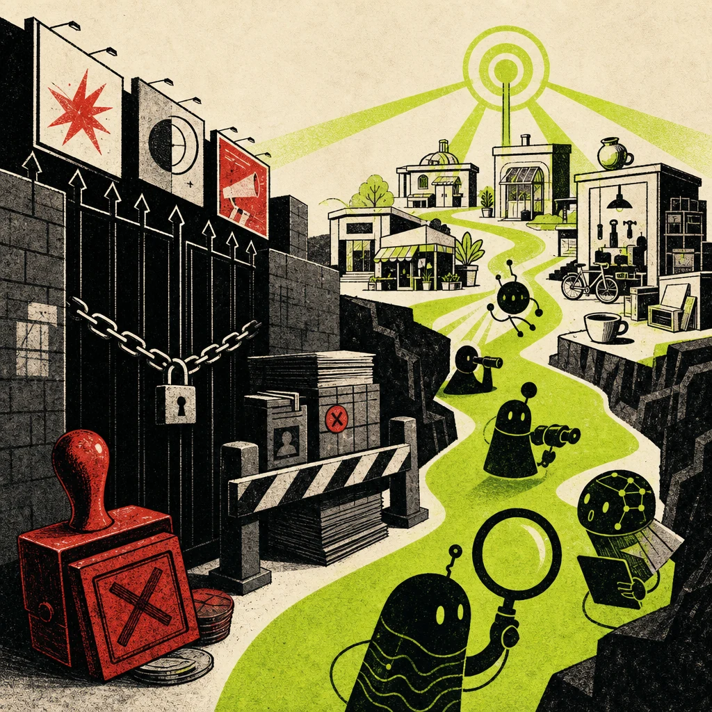 Illustration of closed advertising gates opening into a green discovery path