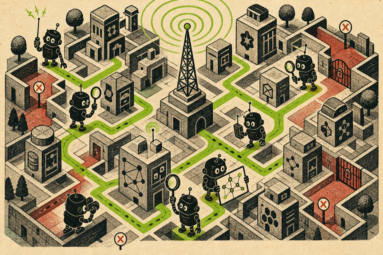 Robot agents searching an open service directory map